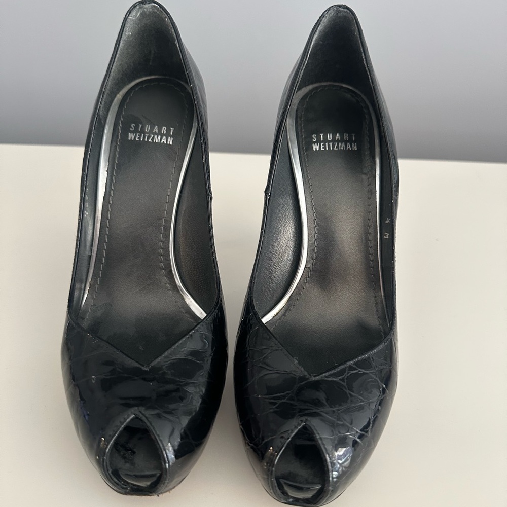 Stuart Weitzman Black Croc-Embossed Patent Peep-Toe Pumps
